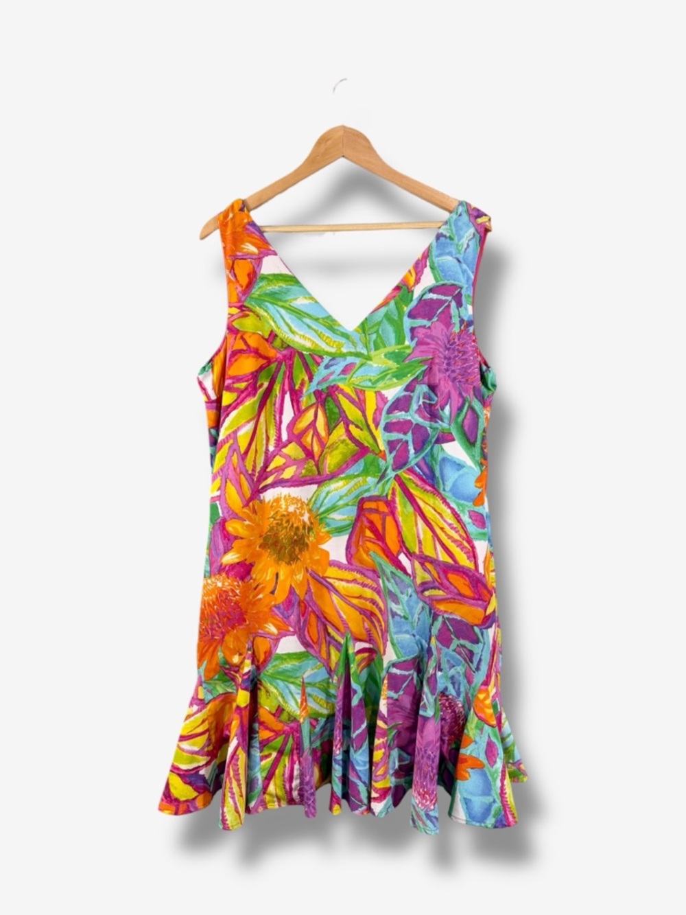 Ralph Lauren Sleeveless V-Neck Dress Size 16 Pink Orange Floral Tropical Spring